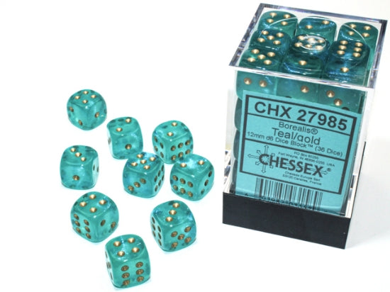 Image of Chessex Borealis Teal/Gold Luminary (Glow in the Dark) - 36 Dice D6