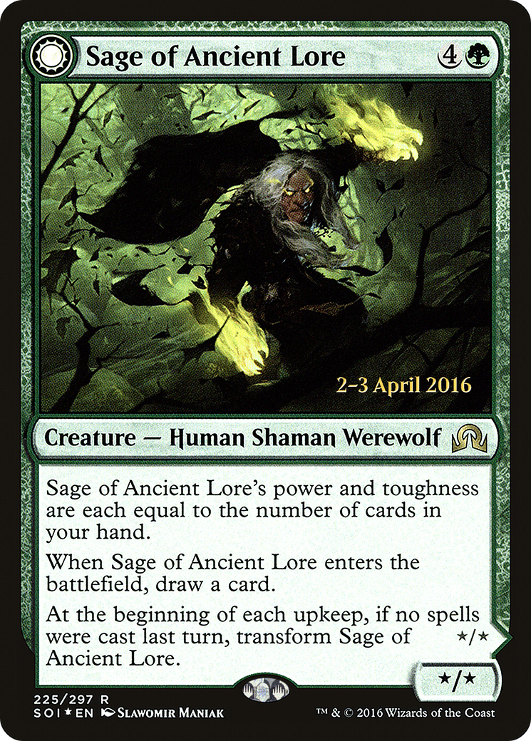 Image of Sage of Ancient Lore // Werewolf of Ancient Hunger [Shadows over Innistrad Prerelease Promos]