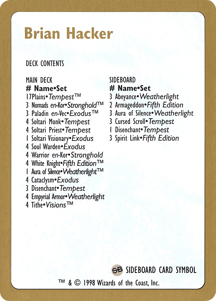 Image of Brian Hacker Decklist [World Championship Decks 1998]