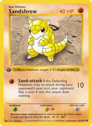 Image of Sandshrew (62/102) (Shadowless) [Base Set 1st Edition]