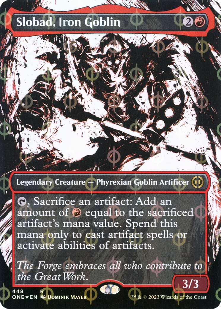 Image of Slobad, Iron Goblin (Borderless Ichor Step-and-Compleat Foil) [Phyrexia: All Will Be One]