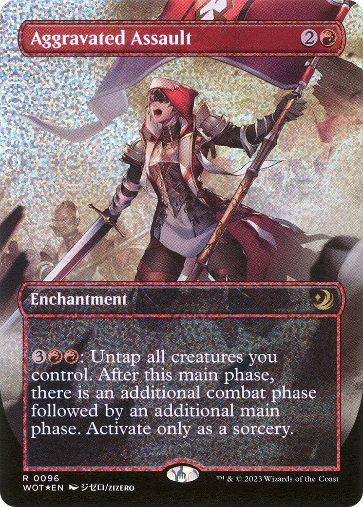Image of Aggravated Assault (Anime Borderless) (Confetti Foil) [Wilds of Eldraine: Enchanting Tales]
