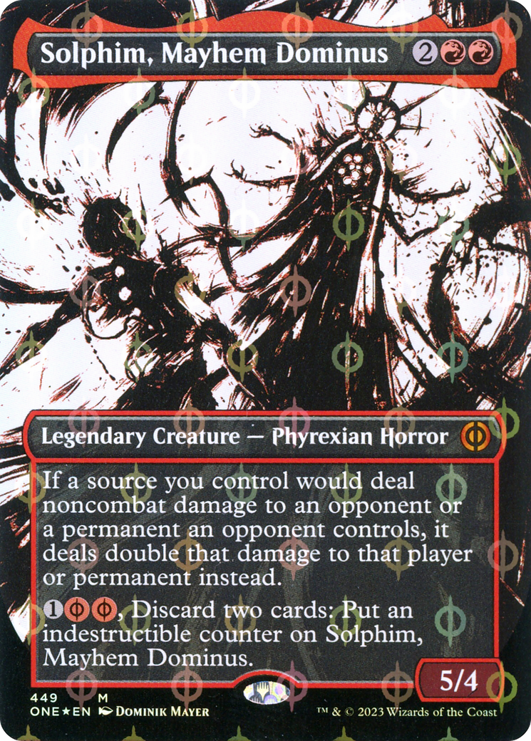 Image of Solphim, Mayhem Dominus (Borderless Ichor Step-and-Compleat Foil) [Phyrexia: All Will Be One]