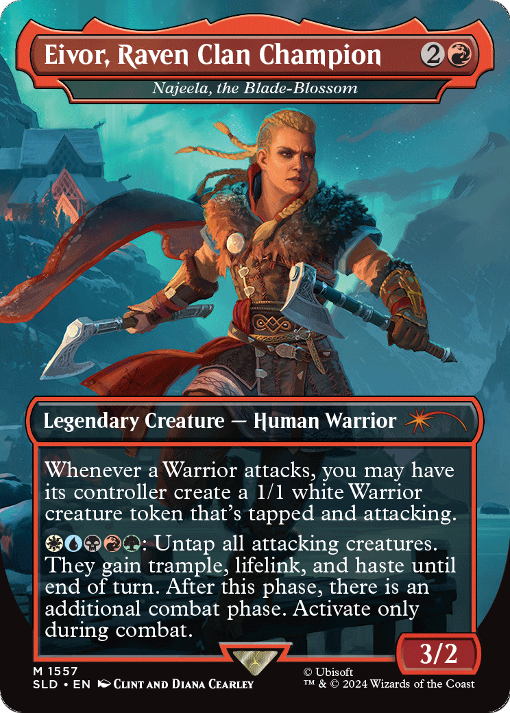 Image of Eivor, Raven Clan Champion - Najeela, the Blade-Blossom (SLD-1557) - Secret Lair Drop / Eivor, Raven Clan Champion (Borderless) Foil
