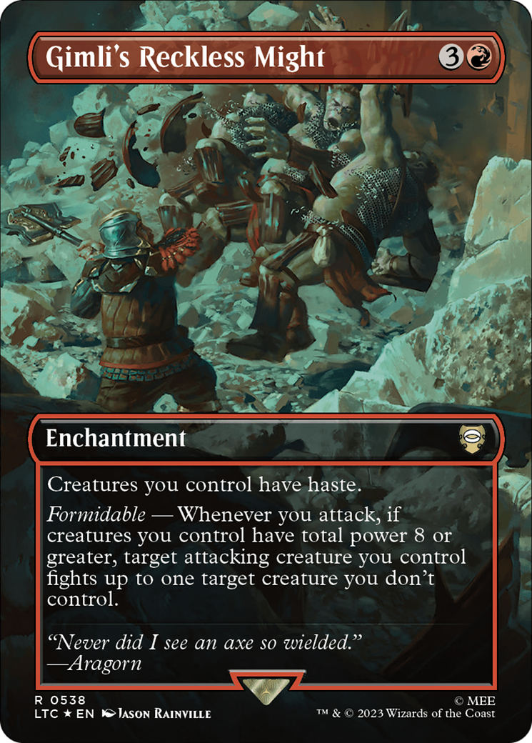 Image of Gimli's Reckless Might (Borderless) (Surge Foil) [The Lord of the Rings: Tales of Middle-Earth Commander]