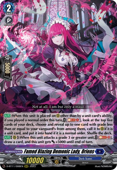 Image of Famed Blazing Demonic Lady, Oriens (D-BT11/006EN) [Clash of the Heroes]