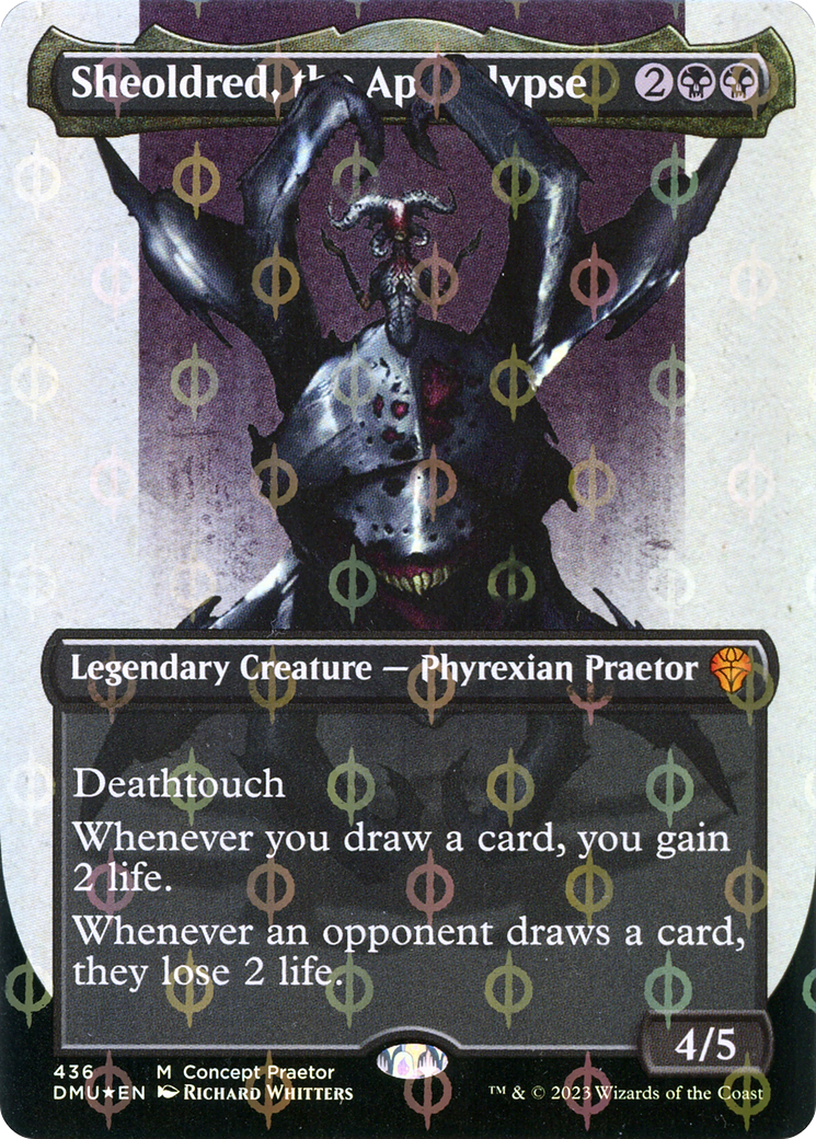 Image of Sheoldred, the Apocalypse (Borderless Concept Praetors Step-and-Compleat Foil) [Phyrexia: All Will Be One]