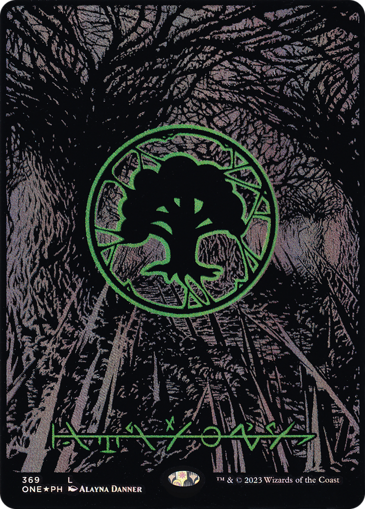 Image of Forest (369) (Oil Slick Raised Foil) [Phyrexia: All Will Be One]