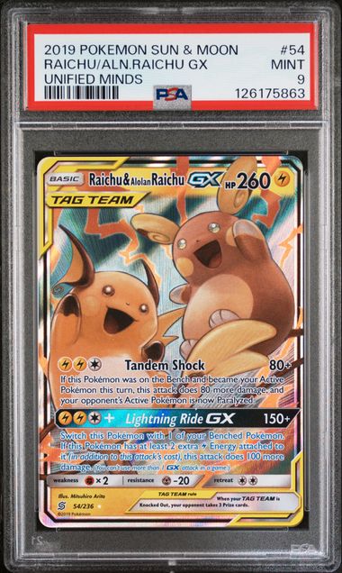 Image of Raichu & Alolan Raichu GX (Sun & Moon: Unified Minds) 54/236 PSA 9