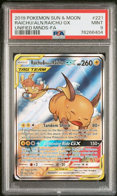 Image of Raichu & Alolan Raichu GX (Sun & Moon: Unified Minds) 221/236 PSA 9