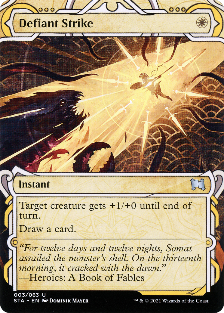 Image of Defiant Strike (STA-003) - Strixhaven Mystical Archive: (Showcase) (Borderless) Etched Foil