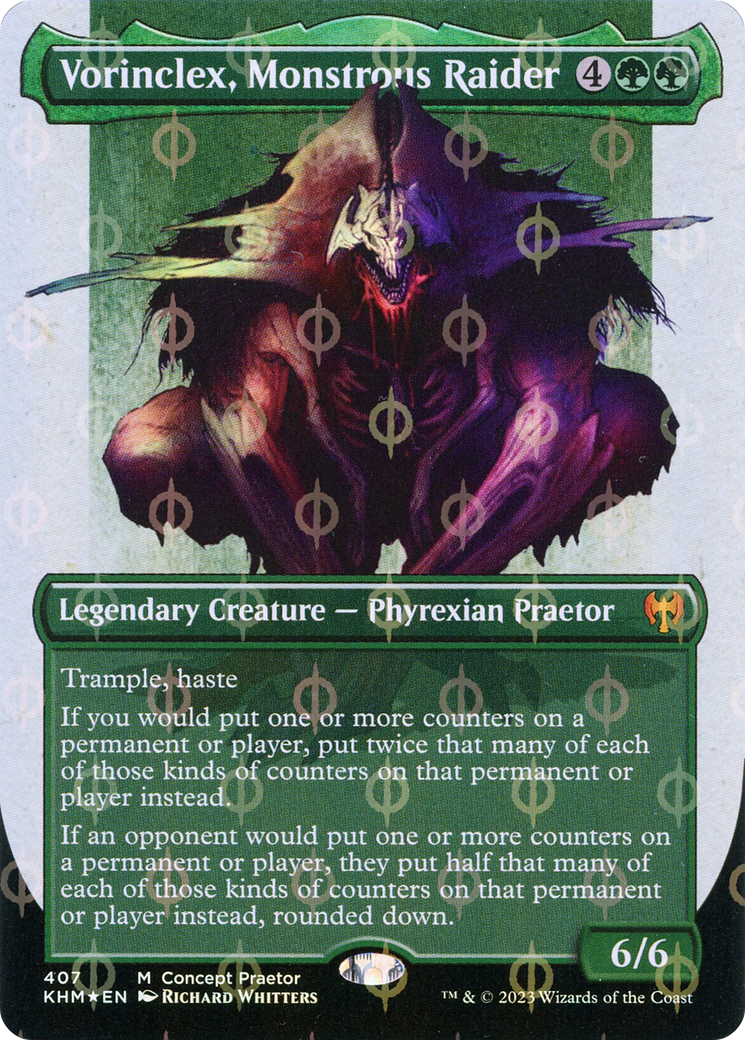 Image of Vorinclex, Monstrous Raider (Borderless Concept Praetors Step-and-Compleat Foil) [Phyrexia: All Will Be One]