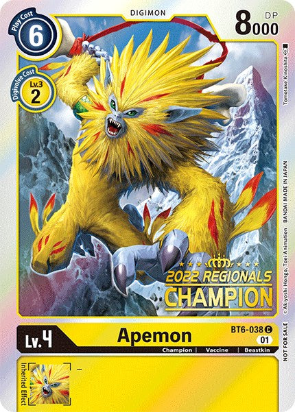 Image of Apemon [BT6-038] (2022 Championship Online Regional) (Online Champion) [Double Diamond Promos]