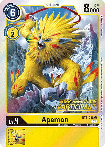 Image of Apemon [BT6-038] (2022 Championship Online Regional) (Online Participant) [Double Diamond Promos]