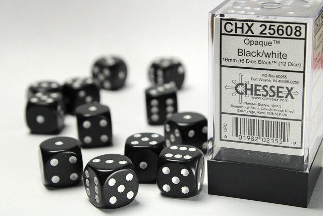 Image of Chessex Opaque - Black/White - 12 Dice Set