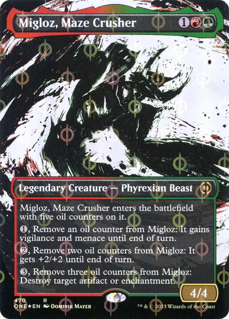 Image of Migloz, Maze Crusher (Borderless Ichor Step-and-Compleat Foil) [Phyrexia: All Will Be One]