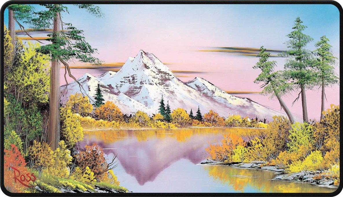 Image of UP PLAYMAT BOB ROSS MIGHTY MOUNTAIN LAKE BLACK STITCHED