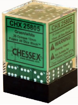 Image of Chessex Opaque - Green/White - 36 D6 Dice Block