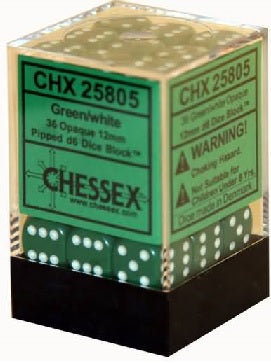 Chessex Opaque - Green/White - 36 D6 Dice Block