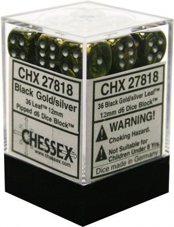 Chessex - Leaf - Black Gold w/Silver - 36 D6 Dice Block