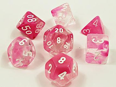 Chessex Lab Dice - Gemini Clear-Pink/White Luminary Effect - 7 Dice
