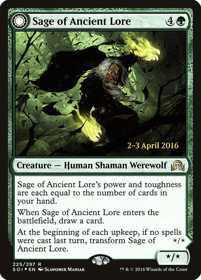 Image of Sage of Ancient Lore // Werewolf of Ancient Hunger [Shadows over Innistrad Prerelease Promos]