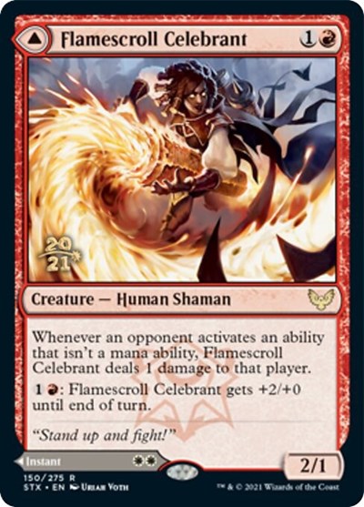 Image of Flamescroll Celebrant // Revel in Silence [Strixhaven: School of Mages Prerelease Promos]