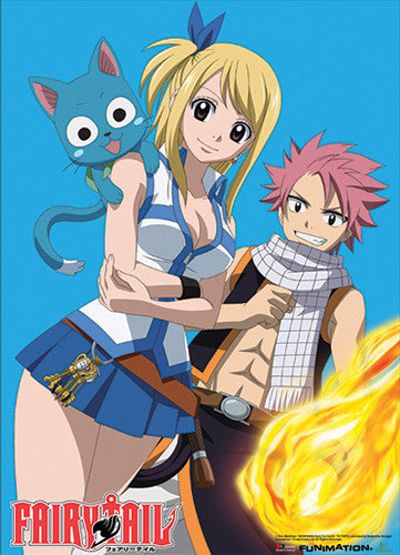 Image of FAIRY TAIL NATSU, LUCY & HAPPY TURQUOISE BACKGROUND WALLSCROLL
