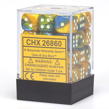Chessex - Gemini - Masquerade-Yellow/white - 36 D6 Dice Block