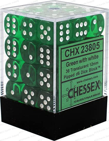 Chessex Translucent - Green/White - 36 D6 Dice Block