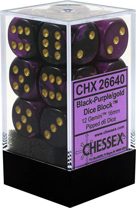 Image of Chessex Gemini - Black-Purple/Gold - 12 D6