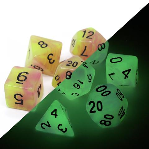 Image of Die Hard Dice - Glow-in-the-Dark - Astral Fire - Pink/Yellow - 7 Piece RPG Set
