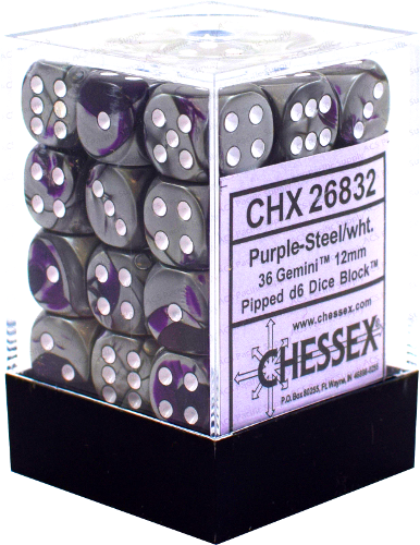 Image of Chessex - Gemini  - Purple-Steel/white  - 36 D6 Dice Block