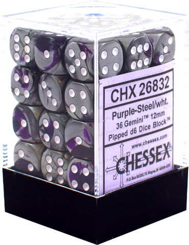 Chessex - Gemini  - Purple-Steel/white  - 36 D6 Dice Block