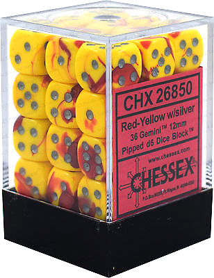 Image of Chessex - Gemini - Red-Yellow/silver - 36 D6 Dice Block