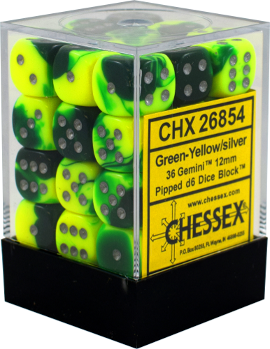 Image of Chessex - Gemini - Green-Yellow/silver - 36 D6 Dice Block