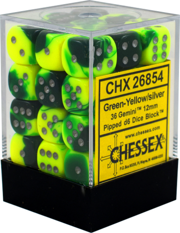 Chessex - Gemini - Green-Yellow/silver - 36 D6 Dice Block