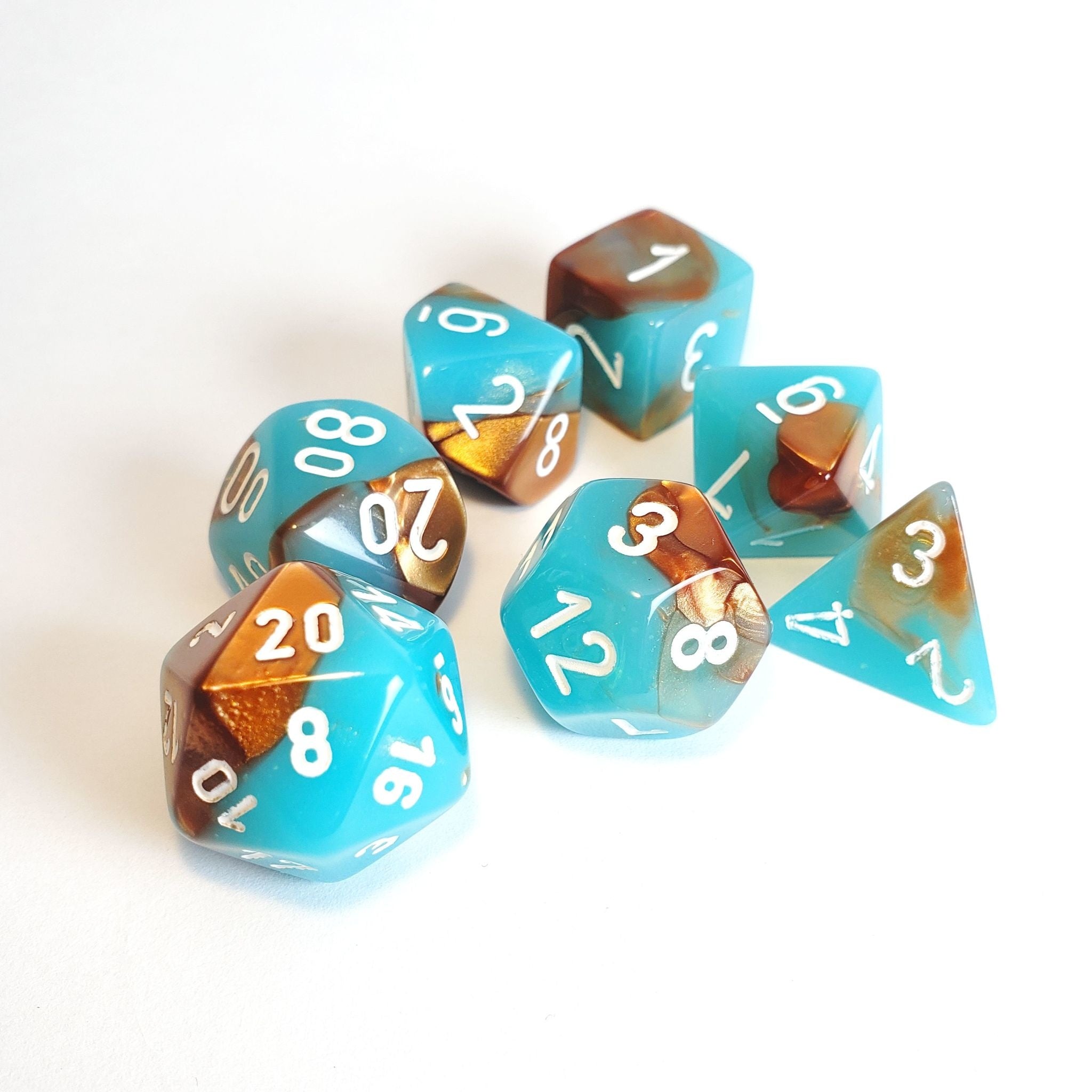 Image of Chessex Gemini - Copper-Turquise/White - 7 Dice