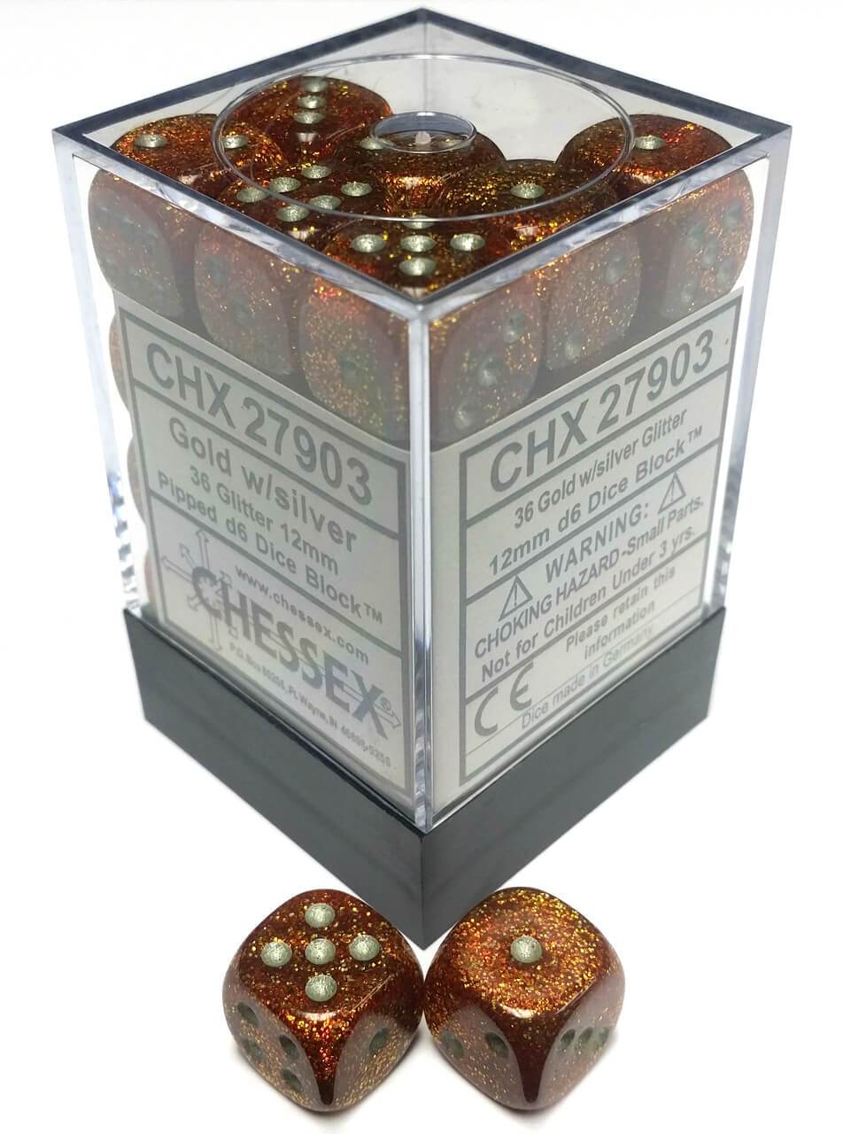 Image of Chessex Glitter - Gold/Silver - 36 D6 Dice Block
