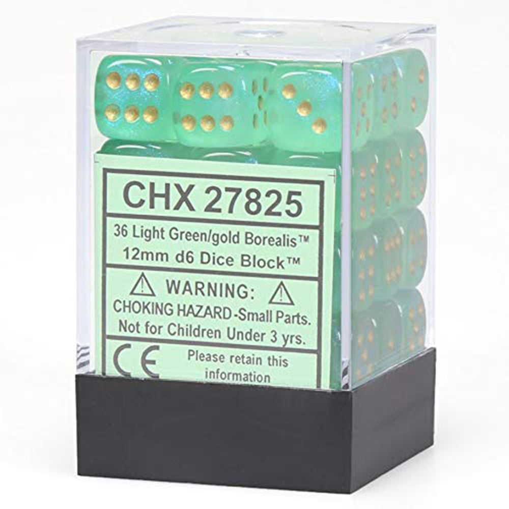 Chessex Borealis - Light Green/gold - 36 D6 Dice Block