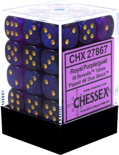 Chessex - Borealis  - Royal Purple/gold  - 36 D6 Dice Block