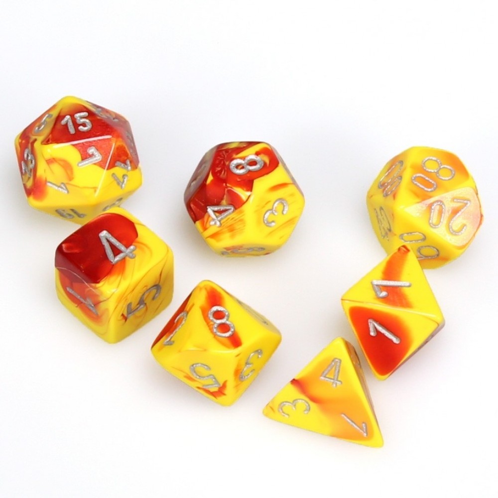Image of Chessex Gemini - Red-Yellow w/silver - 7 Dice Set