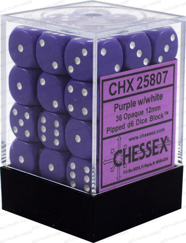 Chessex Opaque - Purple/White - 36 D6 Dice Block