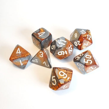 Chessex Gemini - Copper-Steel/White - 7 Dice Set