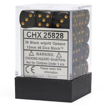 Chessex - Opaque - Black/Gold - 36 D6 Dice Block