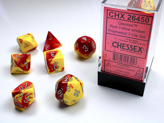 Image of Chessex Gemini - Red-Yellow w/silver - 7 Dice Set