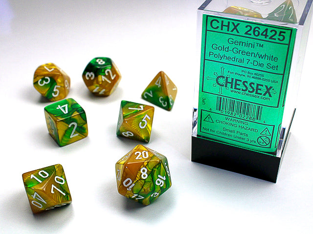 Image of Chessex - Gemini Gold-Green/White - 7 Dice