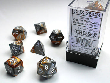 Chessex Gemini - Copper-Steel/White - 7 Dice Set