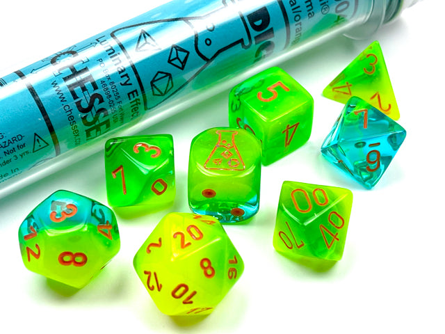 Image of Chessex Gemini Plasma - Green-Teal/Orange - 7 Dice