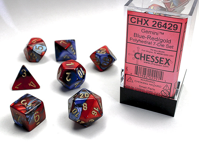Image of Chessex Gemini - Blue-Red/gold - 7 Dice Set